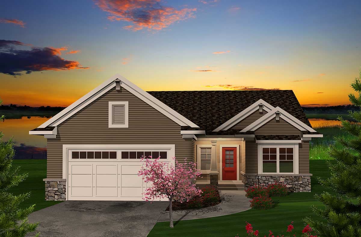 Ranch style house plan exterior with a 2-car garage, prominent gables, stone accents, and a red front door.