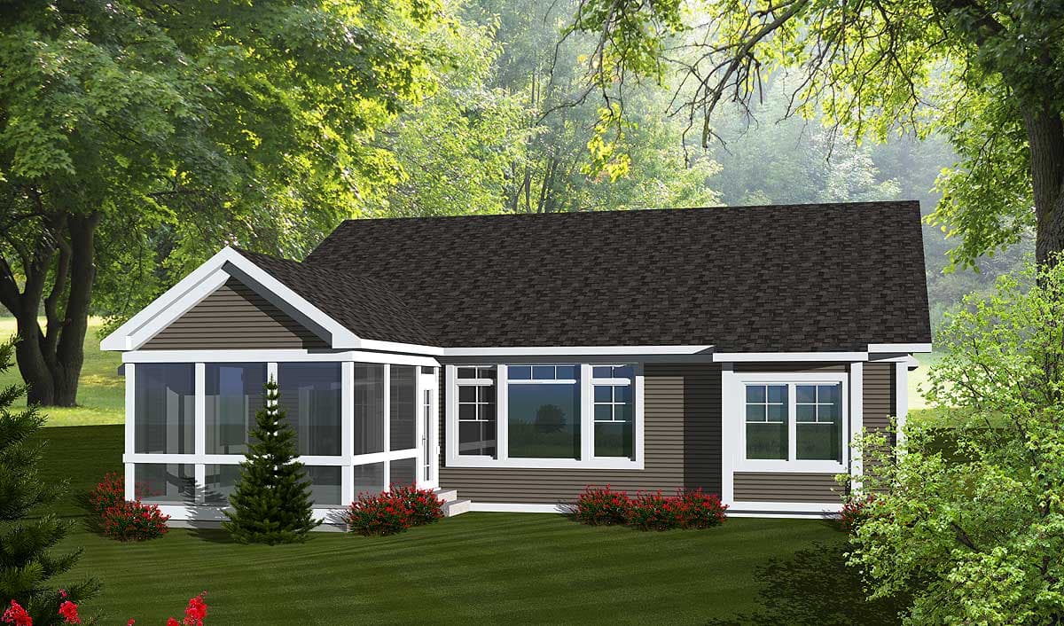 House plan exterior: One-story home with gable end, screened porch, and horizontal siding.