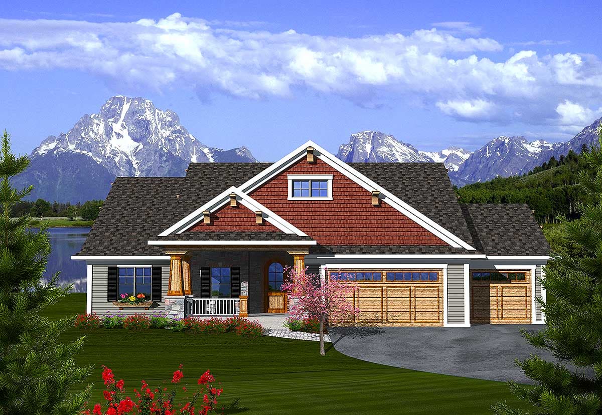 House plan exterior with Craftsman details. Features a gable roof, covered porch with stone columns, and an attached two-car garage.