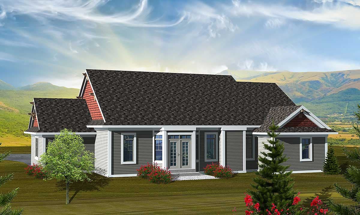 House plan exterior: Single-story modern ranch with a complex roofline, gabled dormers, and a double-door entry.