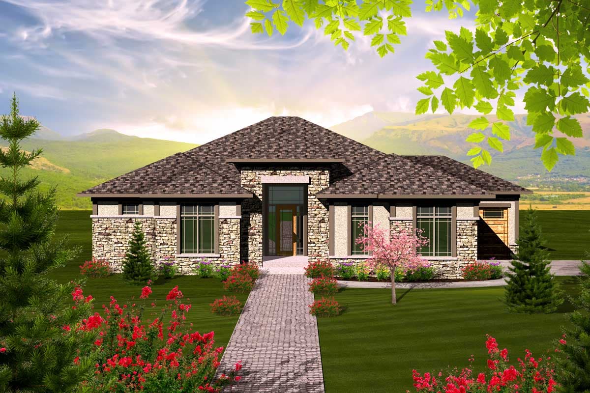 House plan exterior: One-story Modern style home with stone facade, large windows, hipped roof, and attached garage.