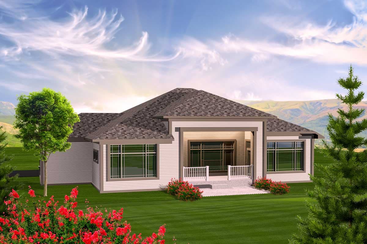 Ranch style house plan exterior with covered porch, large windows, and horizontal siding.