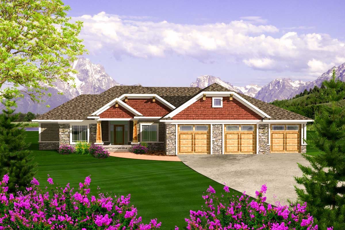 Craftsman style house plan exterior with stone accents, prominent gables, covered entry, and a four-car garage.