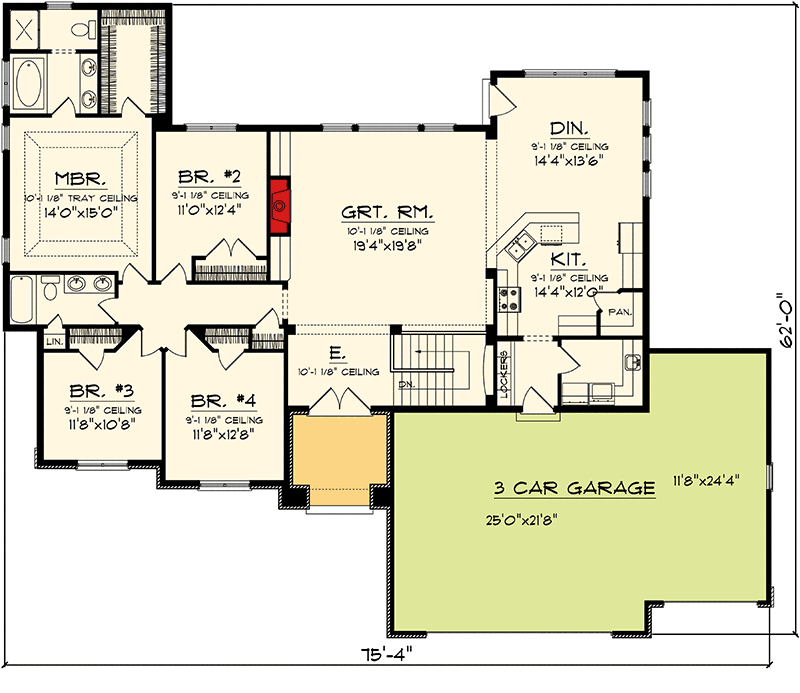Plan 89869AH: Prairie Style With Low Sloping Rooflines - Floor Plan - Main Level - Prairie, Ranch