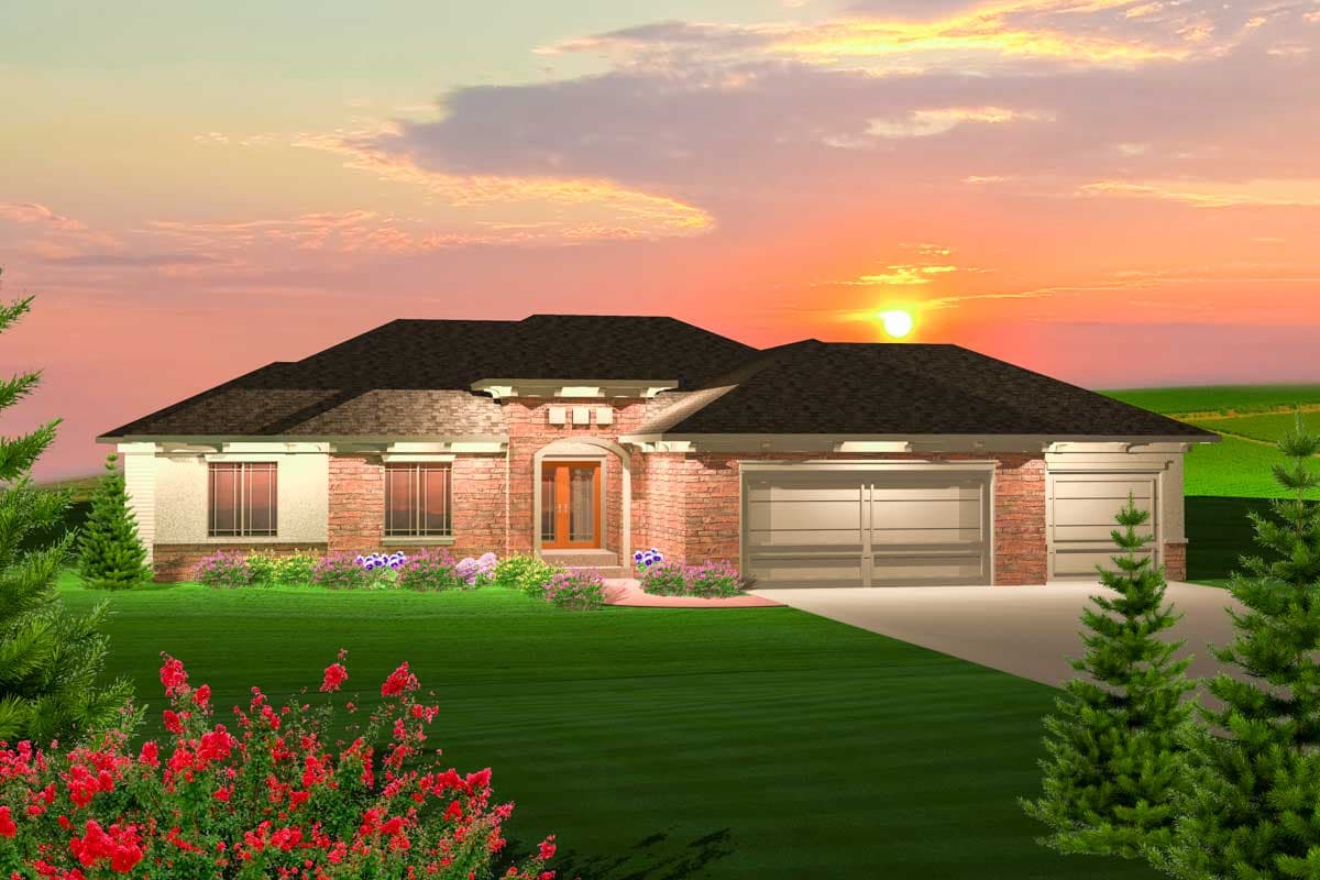 House plan exterior: One-story home with brick facade, covered entry, and attached three-car garage.