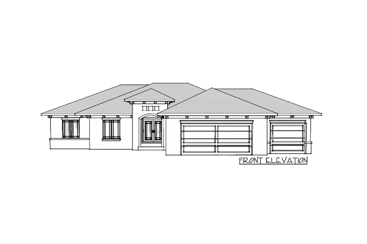 Front elevation of a single-story house plan with a hipped roof, double garage, and central entryway with transoms.