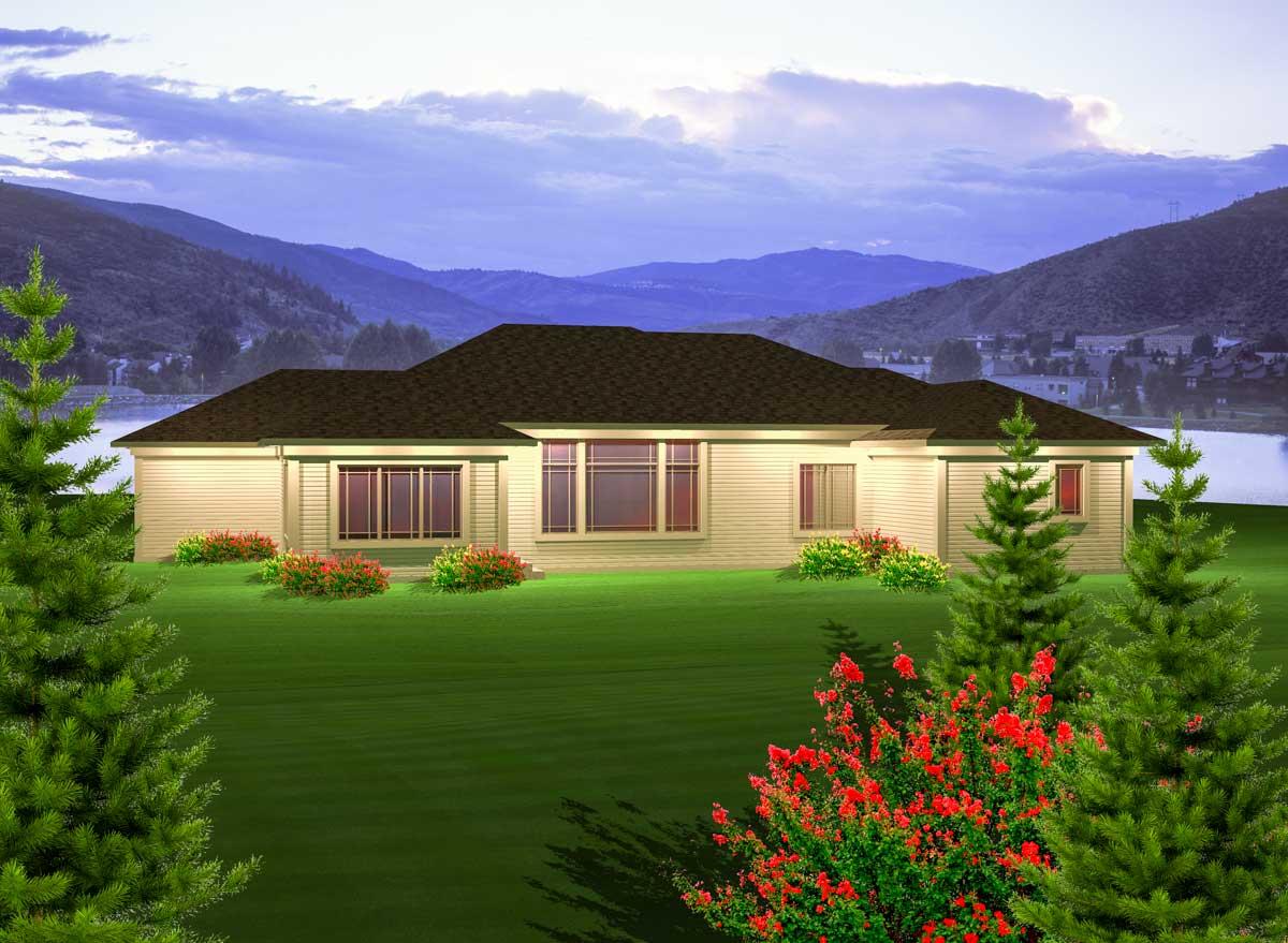 House plan exterior: Ranch style, single story, beige siding, dark roof, large central windows.