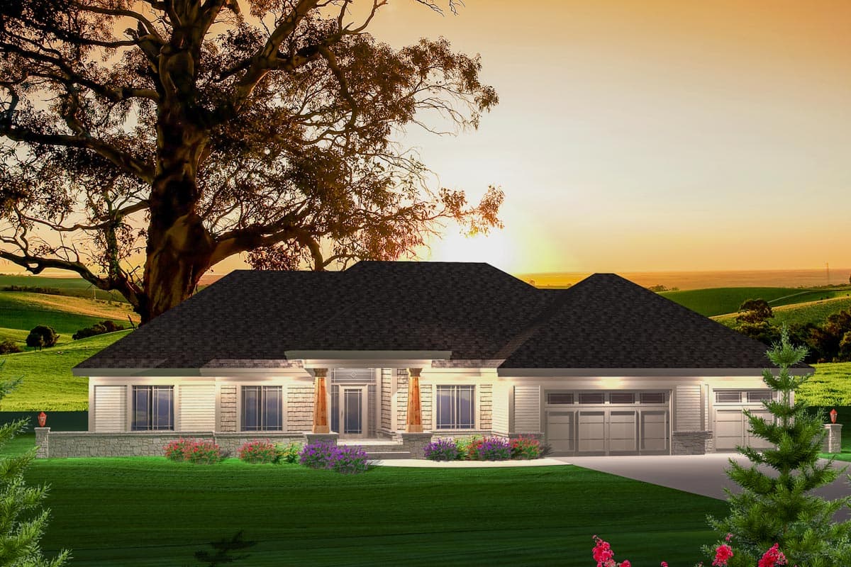 House plan exterior with a single story, front porch, gables, and an attached garage. Features siding, stone accents, and a dark roof.