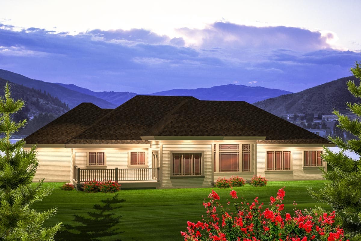 House plan exterior of a single-story home with a prominent hip roof, a covered porch, and large windows.