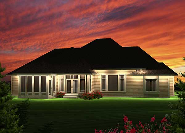 House plan exterior: Ranch style, single story with dark roof, large screened-in porch, and multiple windows.