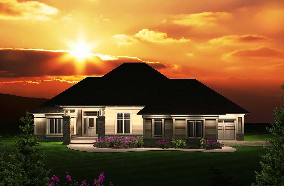House plan exterior: One-story home with a prominent entry porch, multiple gables, and an attached side-entry garage.
