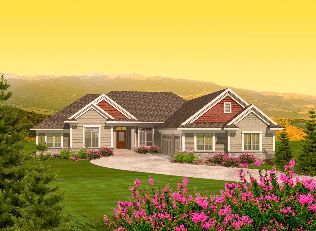 House plan exterior. Ranch style with a low-pitched roof, gables, and an attached garage. Features include a front porch and dormers.