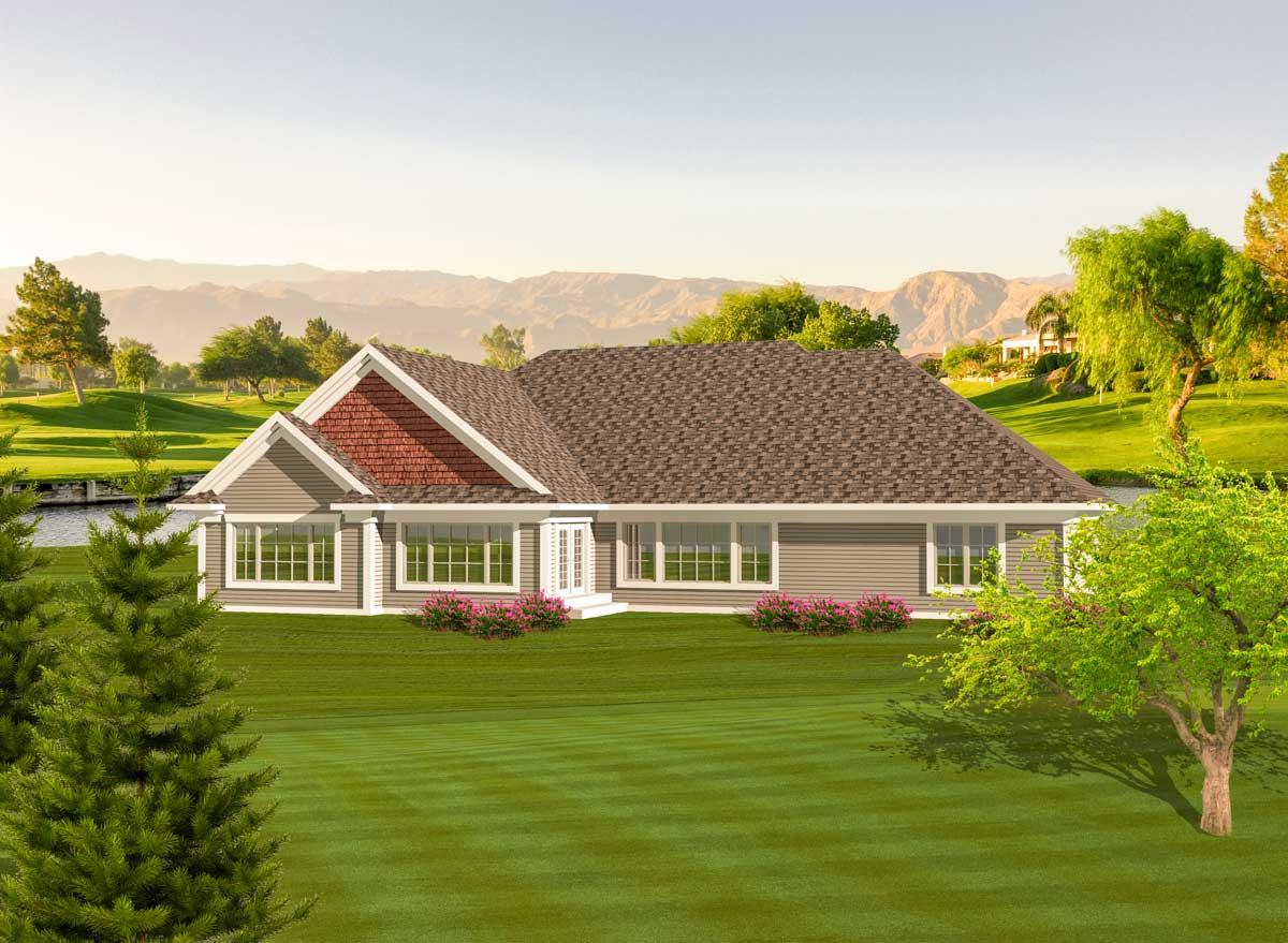 House plan exterior, single-story, with gabled dormer featuring brickwork and extensive windowing.