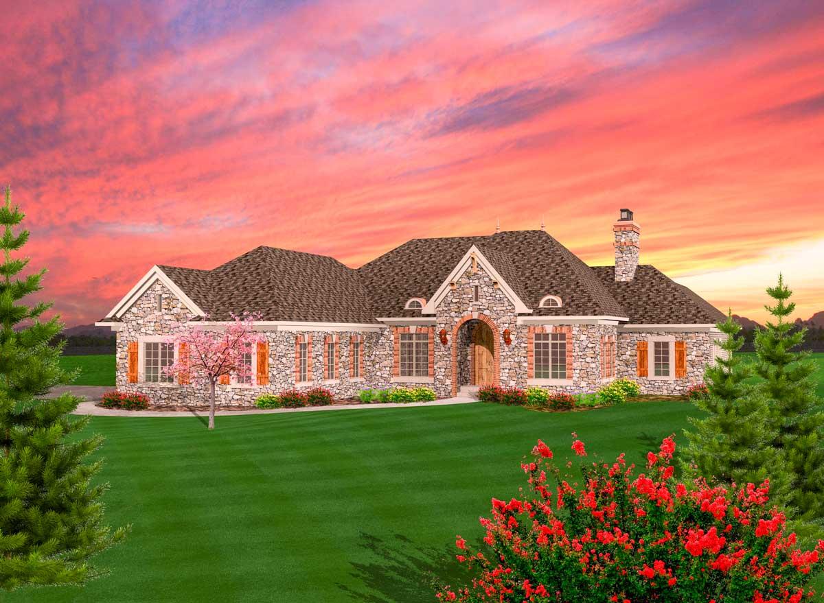 House plan exterior with stone facade, arched entryway, and multiple gables. Features a chimney and shutters. One story, Ranch style.