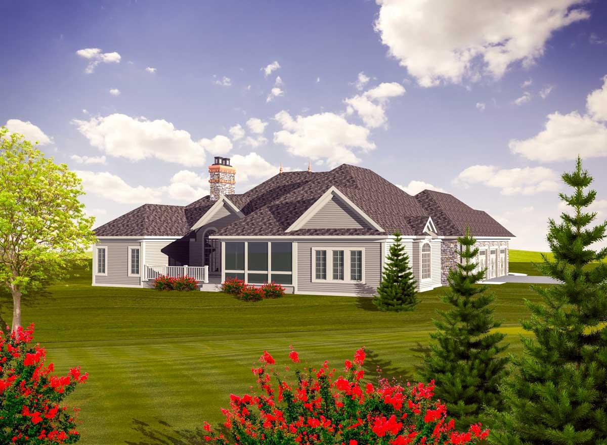 House plan exterior of a single-story home with multiple gables, a stone chimney, and a sunroom.