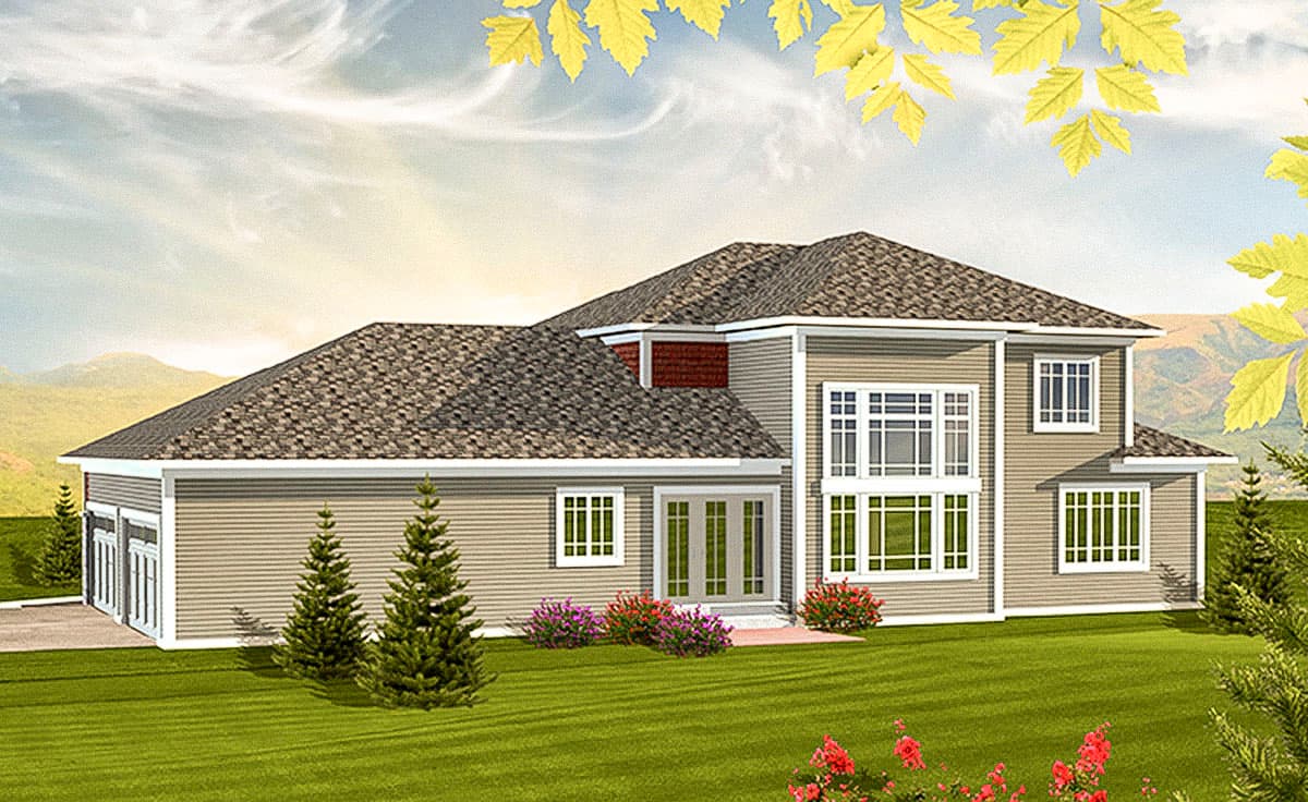 Two-story house plan exterior with a three-car garage, prominent multi-pane windows, and dual-pane glass doors.