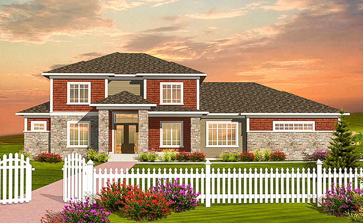 House plan exterior with two stories. Features include stone accents, gabled roof, and multiple windows. A white picket fence frames the front yard.