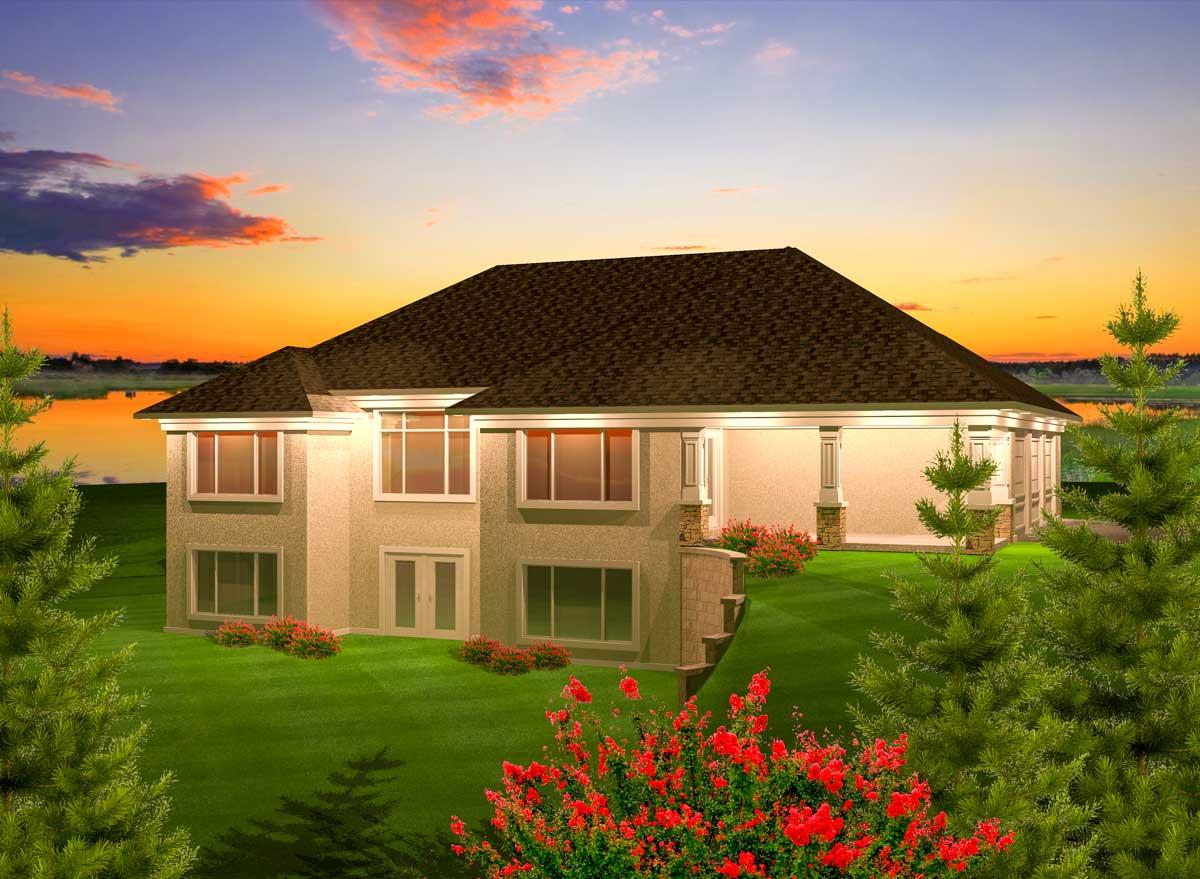 House plan exterior: Two-story stucco house with a hip roof, large windows, and a covered porch with decorative columns.