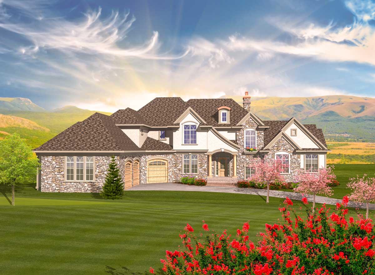 House plan exterior. Two-story home with stone and stucco facade, multiple gables, and a porte-cochere. Features include a side-entry garage.