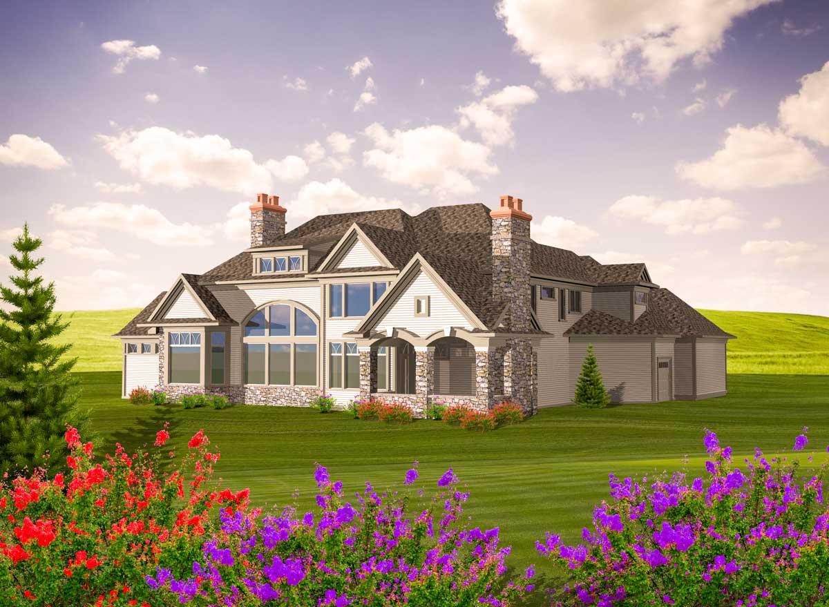 House plan exterior: Two-story home with stone accents, gabled dormers, arched window, and prominent stone chimneys.