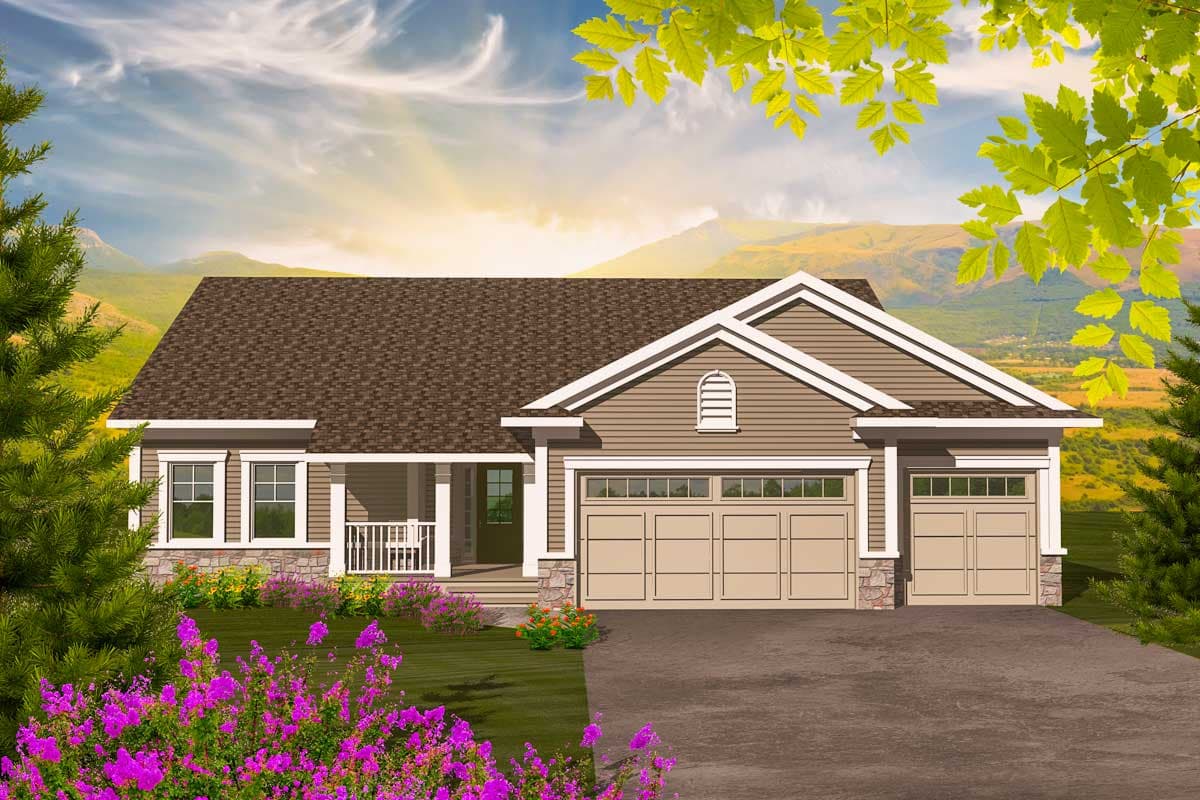 House plan exterior. Ranch style with a front-facing, two-car garage, a covered front porch, and gabled roofline. One story.
