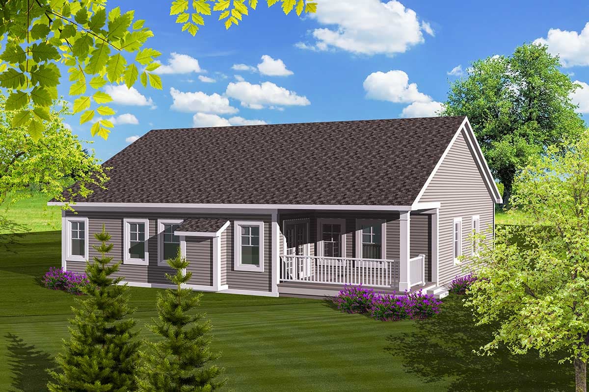 Ranch style house plan exterior, one story, with covered front porch, gabled roof, and horizontal siding.