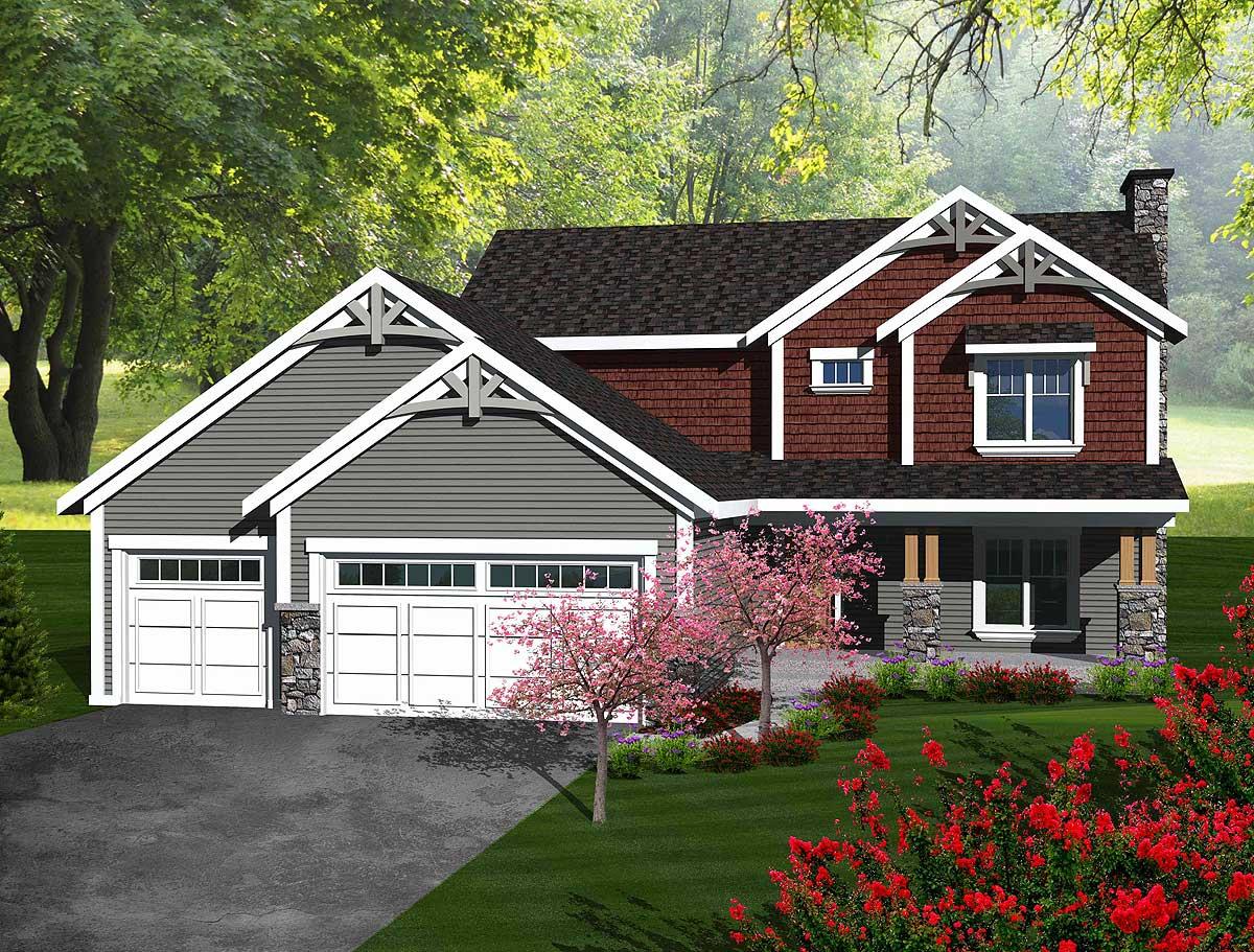House plan exterior: Two-story Modern Farmhouse with a three-car garage, stone accents, and decorative gables.