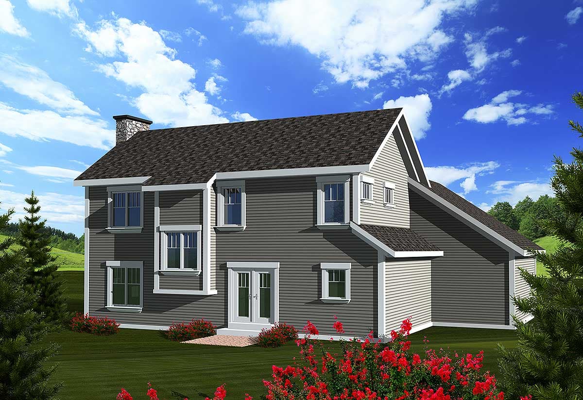 Two-story house plan exterior with a prominent stone chimney, double doors, multiple windows, and gabled rooflines.