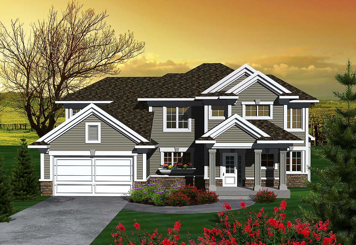 House plan exterior: Two-story home with a pitched roof, gable dormers, a covered front porch, and a side-entry garage.