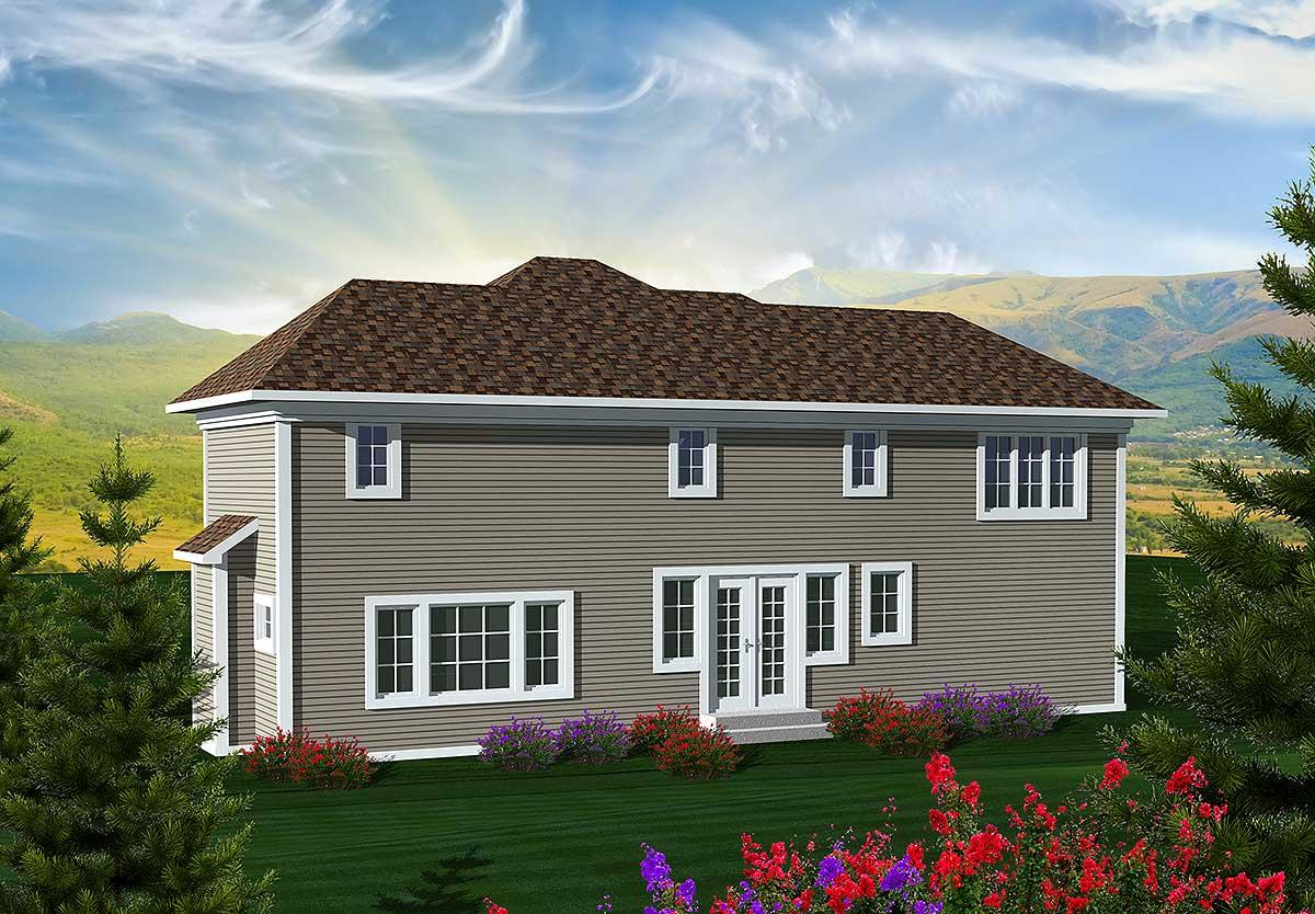 Two-story house plan exterior with horizontal siding, a complex roofline, and multiple windows including double doors.