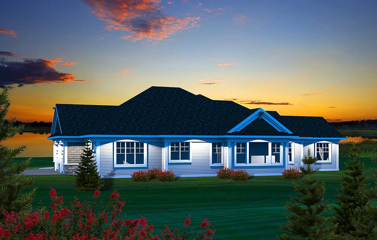 House plan exterior: Ranch style, one story, with a prominent front gable, multiple windows, and a dark roof.