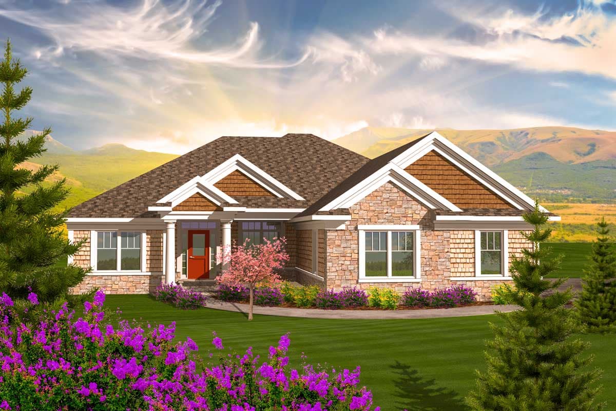 House plan exterior. Ranch style with stone and cedar siding. Features include front porch with columns, gabled rooflines, and decorative dormers.