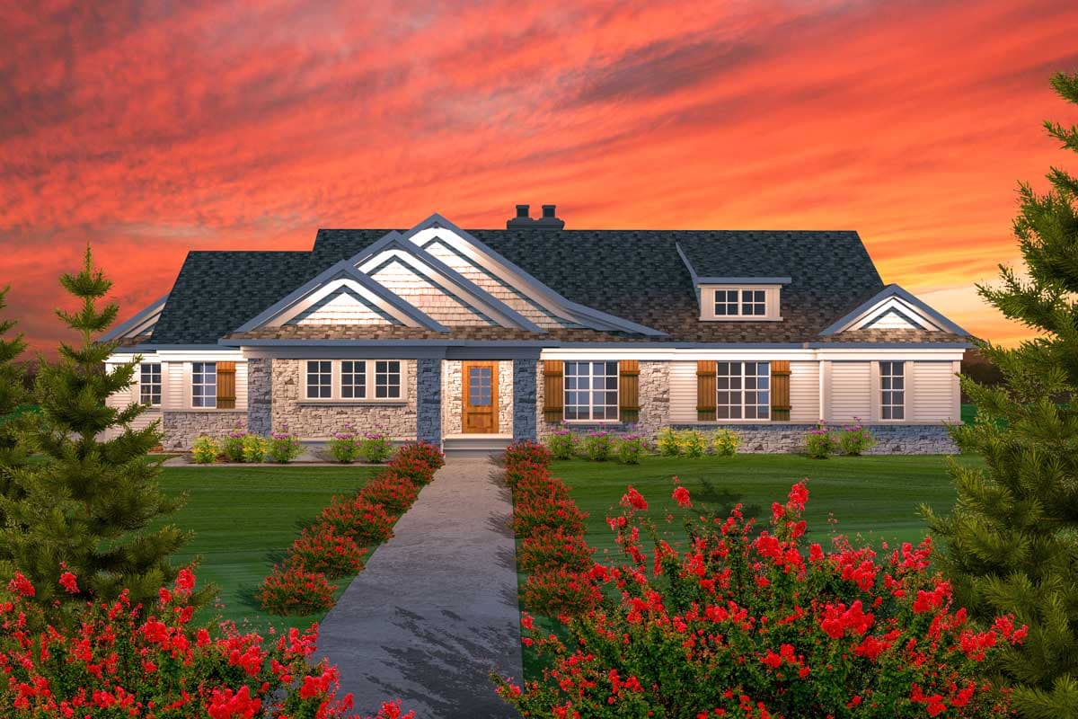 House plan exterior. Ranch-style home with gabled roof, stone facade accents, window shutters, and a covered entry.