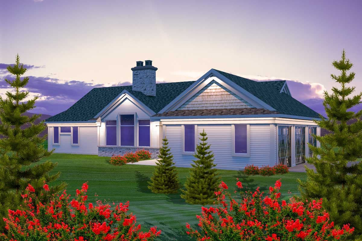 House plan exterior of a single-story home with a stone chimney, gabled dormer, and large windows.