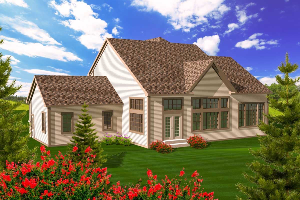 House plan exterior shows a two-story modern home with a gable roof, large windows, and double doors.
