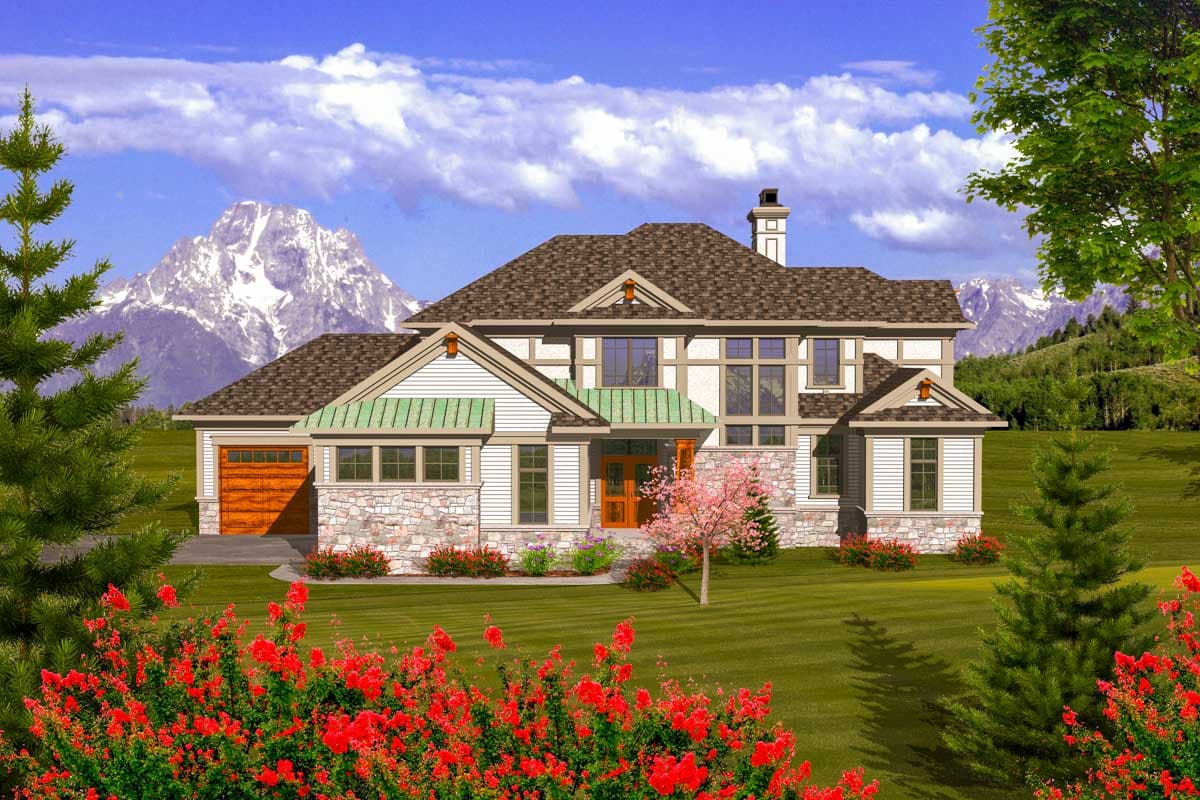 House plan exterior with stone accents, Craftsman-style design, two stories, and a gabled roof. Features a garage and copper-colored awnings.