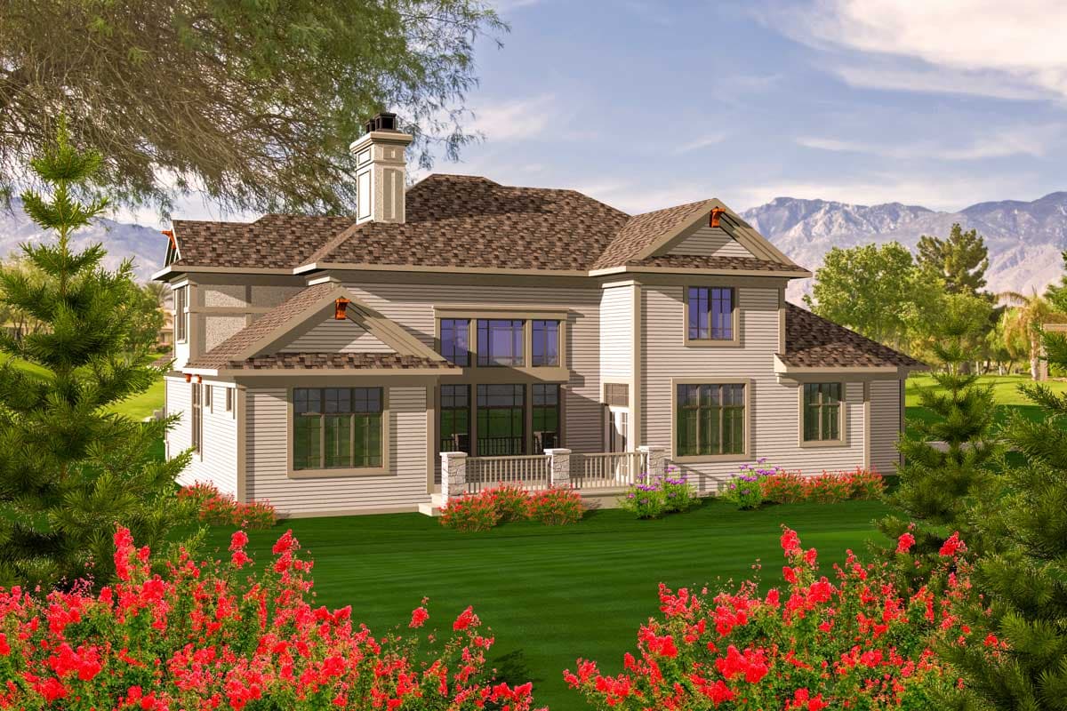 House plan exterior rendering showing a two-story home with a prominent chimney, multiple gables, and a covered porch.