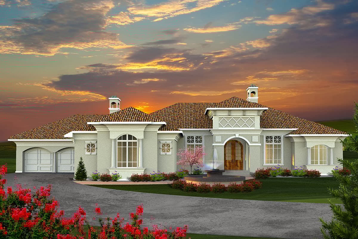 House plan exterior with stucco facade and barrel tile roof. Features include arched entry, dormers, and attached two-car garage.