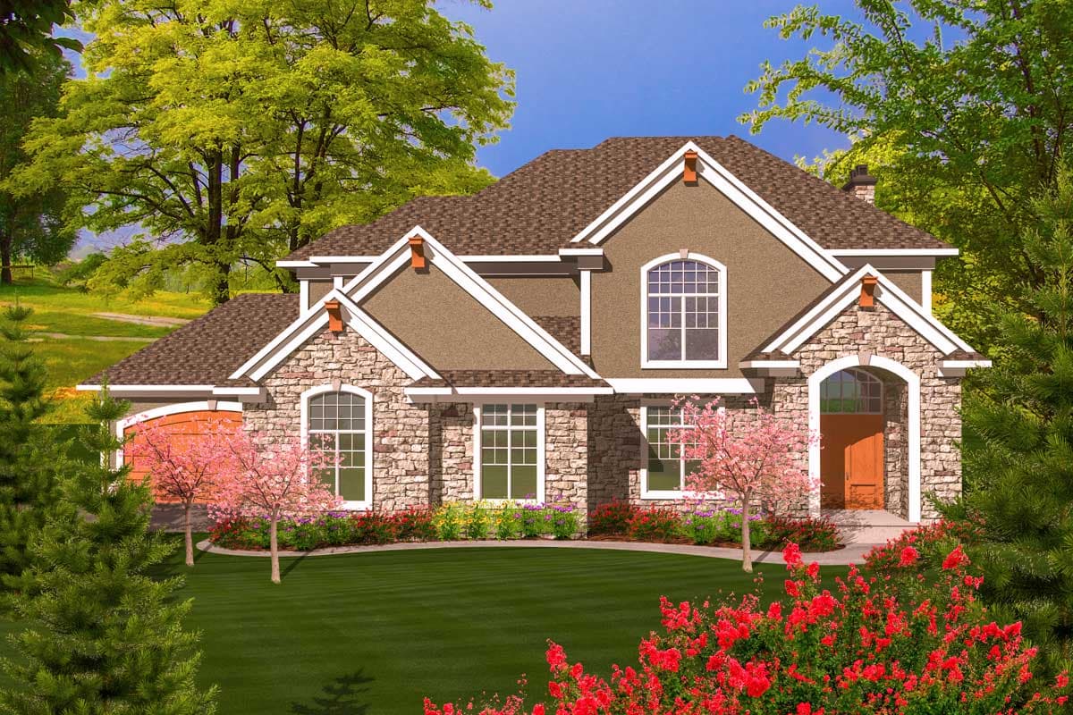 House plan exterior featuring stone facade, arched entry, multiple gables, and side-entry garage.