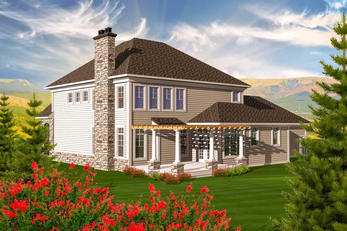 House plan exterior: Two-story home with stone chimney, white siding, and covered patio with pergola. Features multiple gables and dormers.