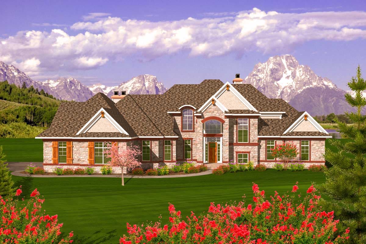 House plan exterior: Stone and brick two-story residence with multiple gables, arched entryway, and stone chimney.