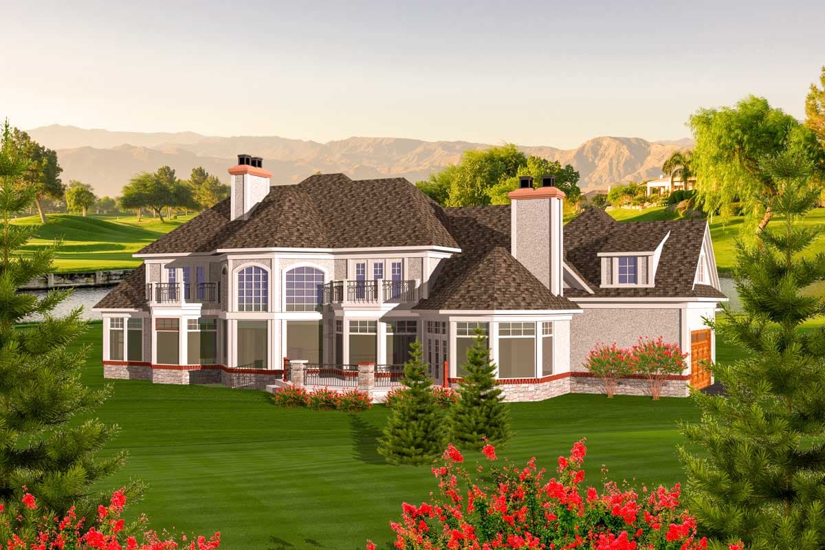 House plan exterior rendering: Large, multi-story home with arched windows, multiple balconies, dormers, and prominent chimneys.