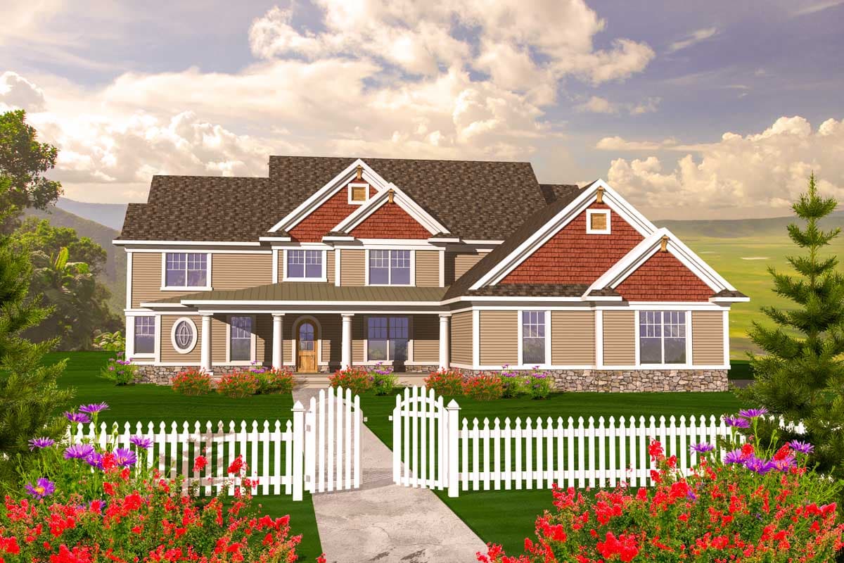 House plan exterior. Two-story Colonial with a front porch, gables, and dormers. Features a brick and siding facade with a white picket fence.