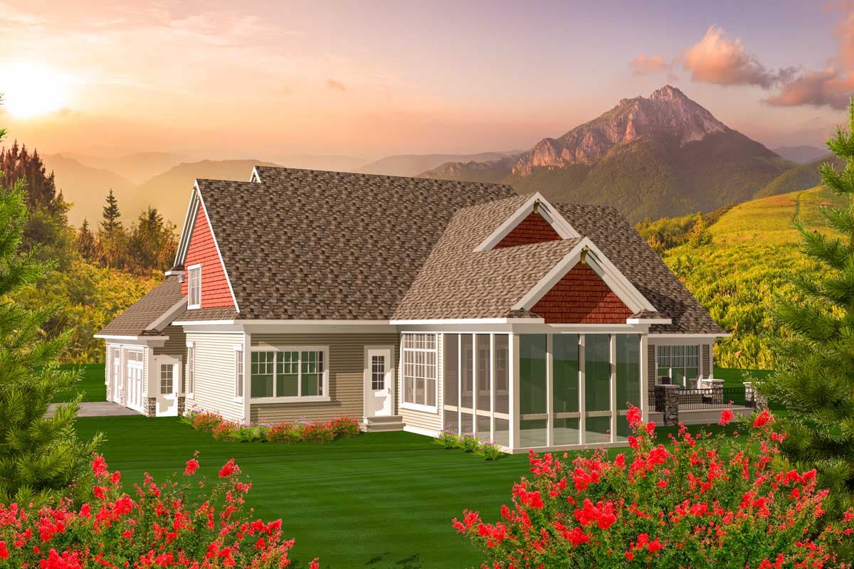 House plan exterior: Ranch-style, one-story home with gable dormers, screened porch, and attached garage.