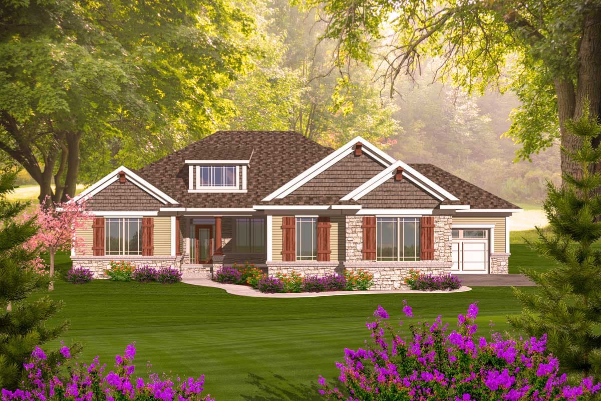 House plan exterior: Ranch style, one story, hip roof, dormer, stone and siding accents, covered entry, attached garage.