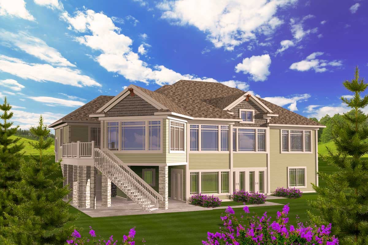 House plan exterior featuring a two-story design with a wraparound porch, large windows, and stacked stone foundation.