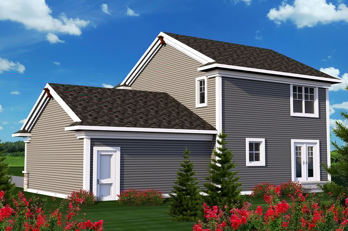 House plan exterior: Two-story dwelling with gabled rooflines, vinyl siding, and varied window styles.