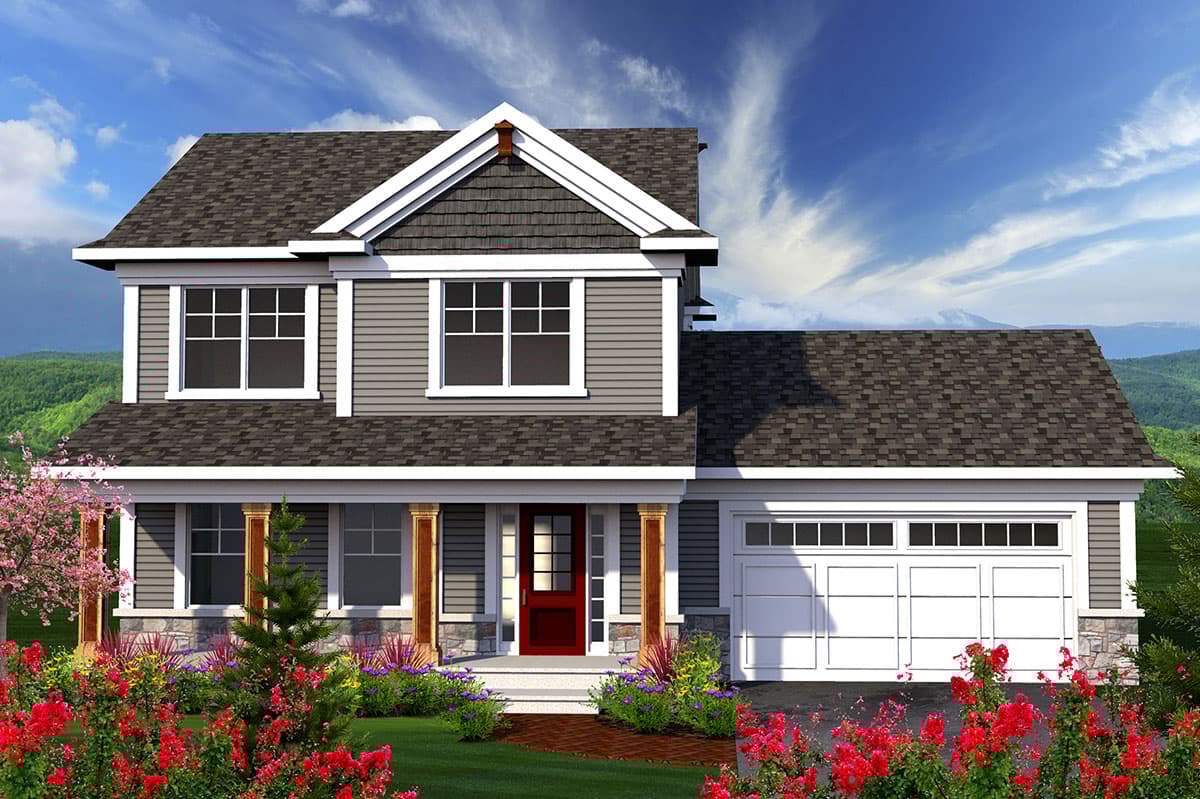 House plan exterior. Two-story Craftsman home with a gabled roof, front porch with columns, and attached two-car garage.