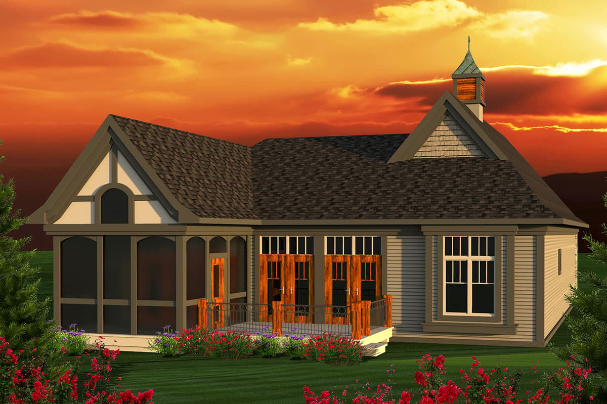 House plan exterior: One-story cottage with screened porch, decorative gable vent, double-door entry, and a cupola.