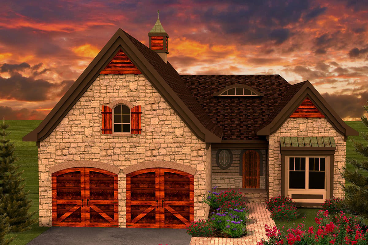 House plan exterior with stone veneer, two-car garage, and gabled roof with dormer and cupola.
